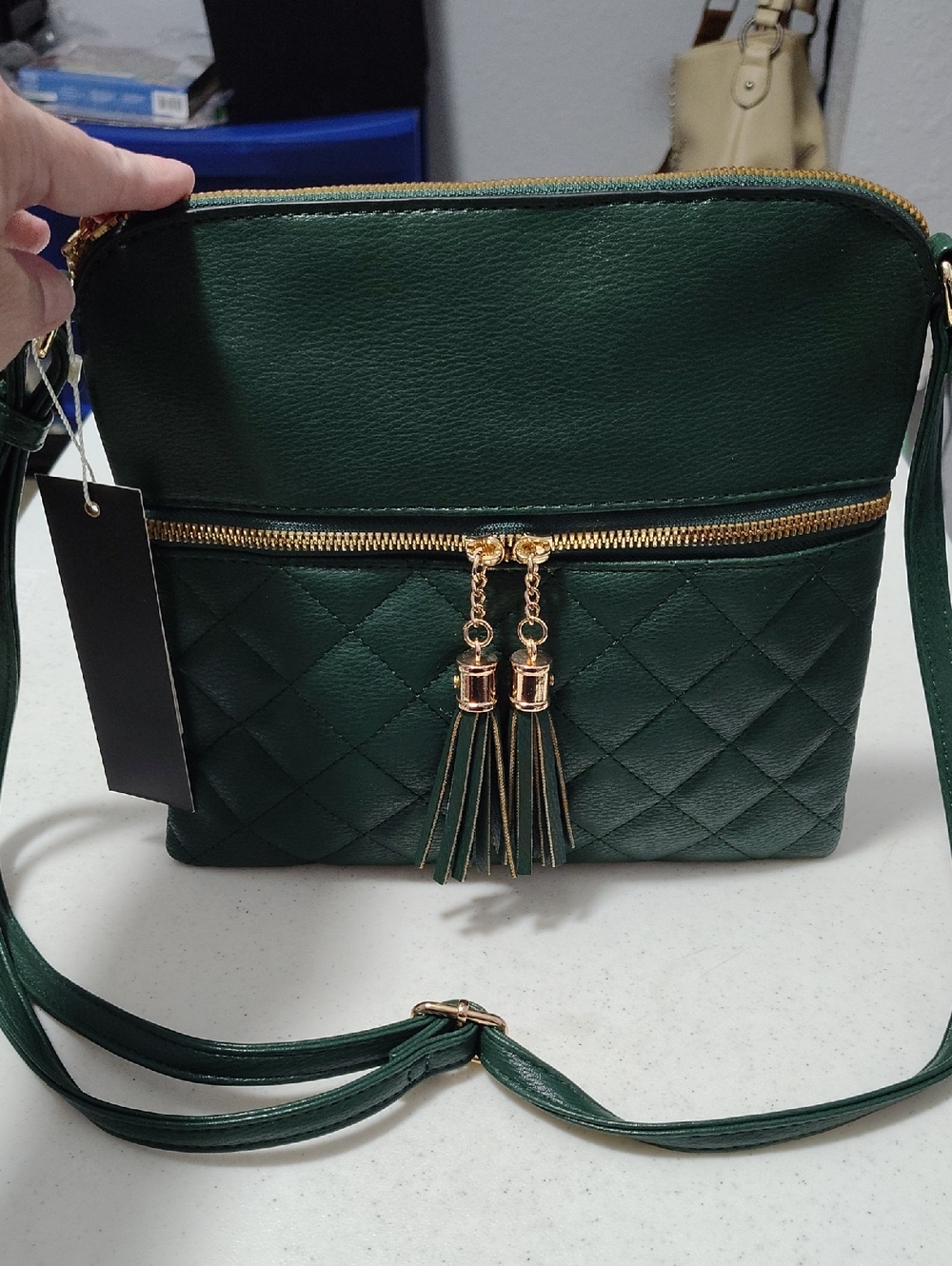 Brand New Gorgeous Green Quilted Crossbody Bag with Gold Tassel Accents